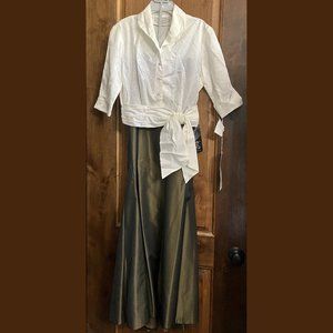 Carmen Marc Valvo Olive Green Long Satin Ball Skirt Alfred Angelo White Blouse